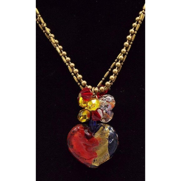 Chico's 1 Strand Red White Blue Dichroic Glass Heart Ball Chain 21" Necklace - Picture 2 of 4